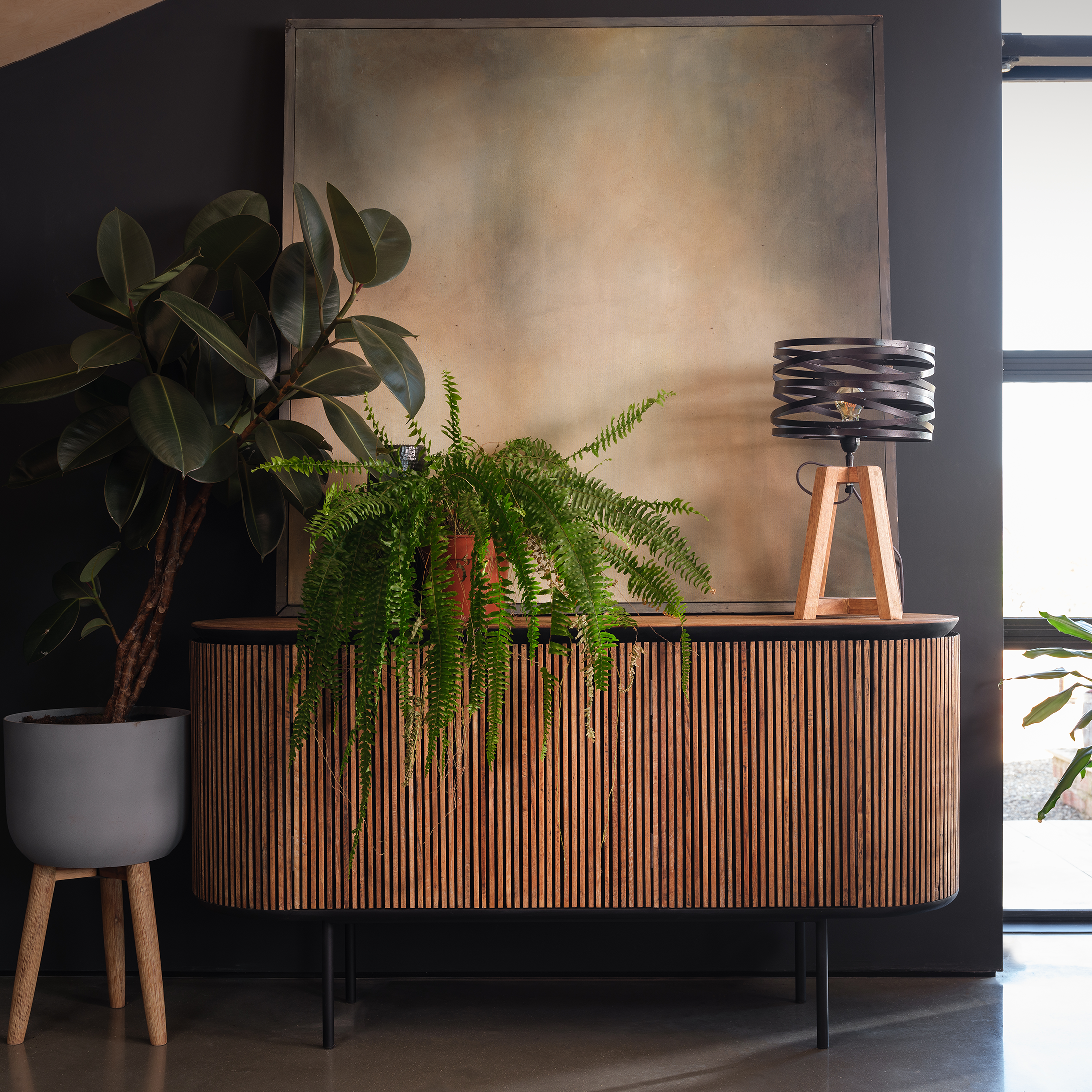 Reclaimed teak wide sideboard with panelled detail cabinet and concealed handles
