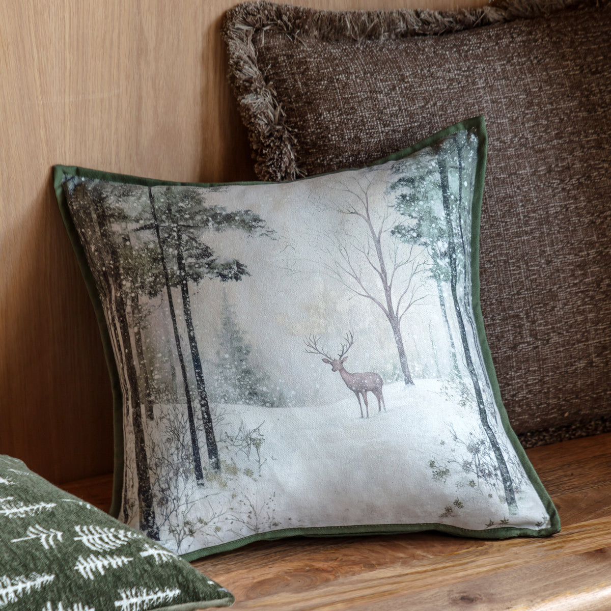 Cotton & Velvet Stag Scene Cushion