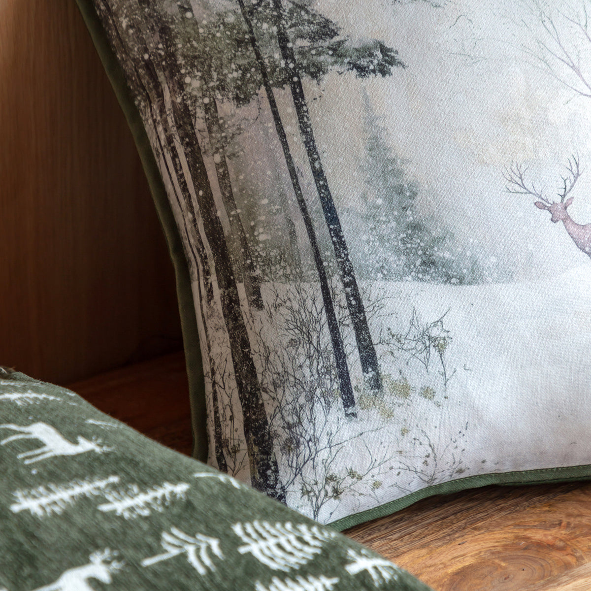 Cotton & Velvet Stag Scene Cushion