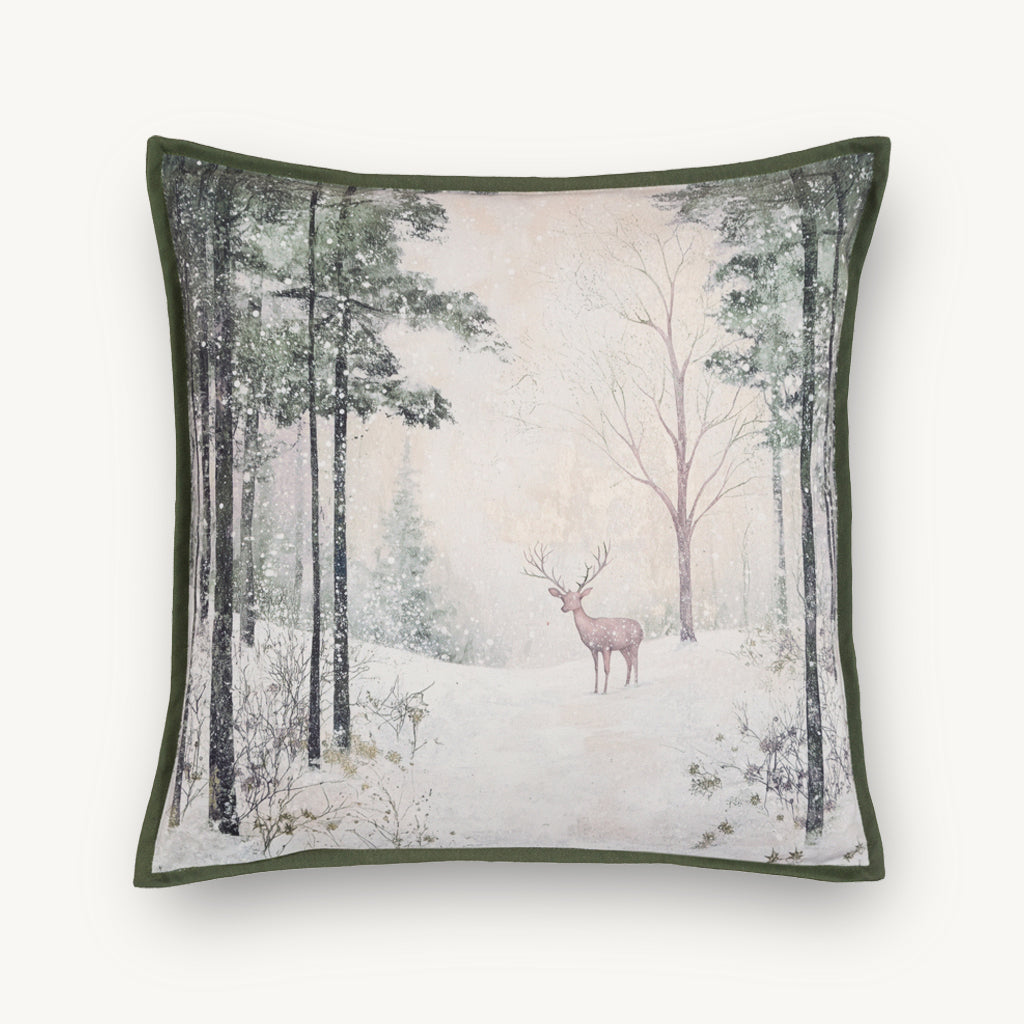 Cotton & Velvet Stag Scene Cushion