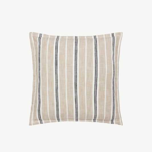 Fabric square scatter cushion, featuring white and beige base with subtle black stripes