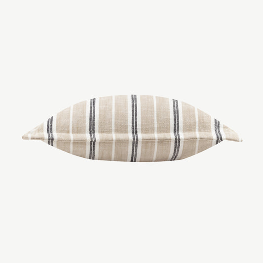 Fabric square scatter cushion, featuring white and beige base with subtle black stripes
