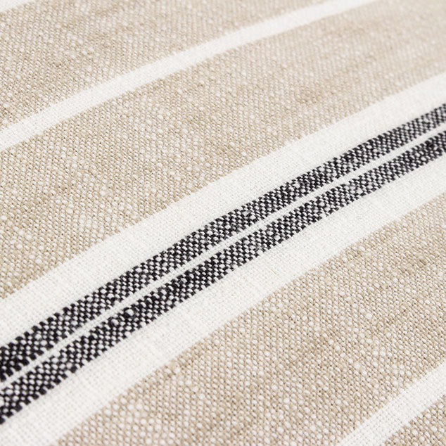 Fabric square scatter cushion, featuring white and beige base with subtle black stripes