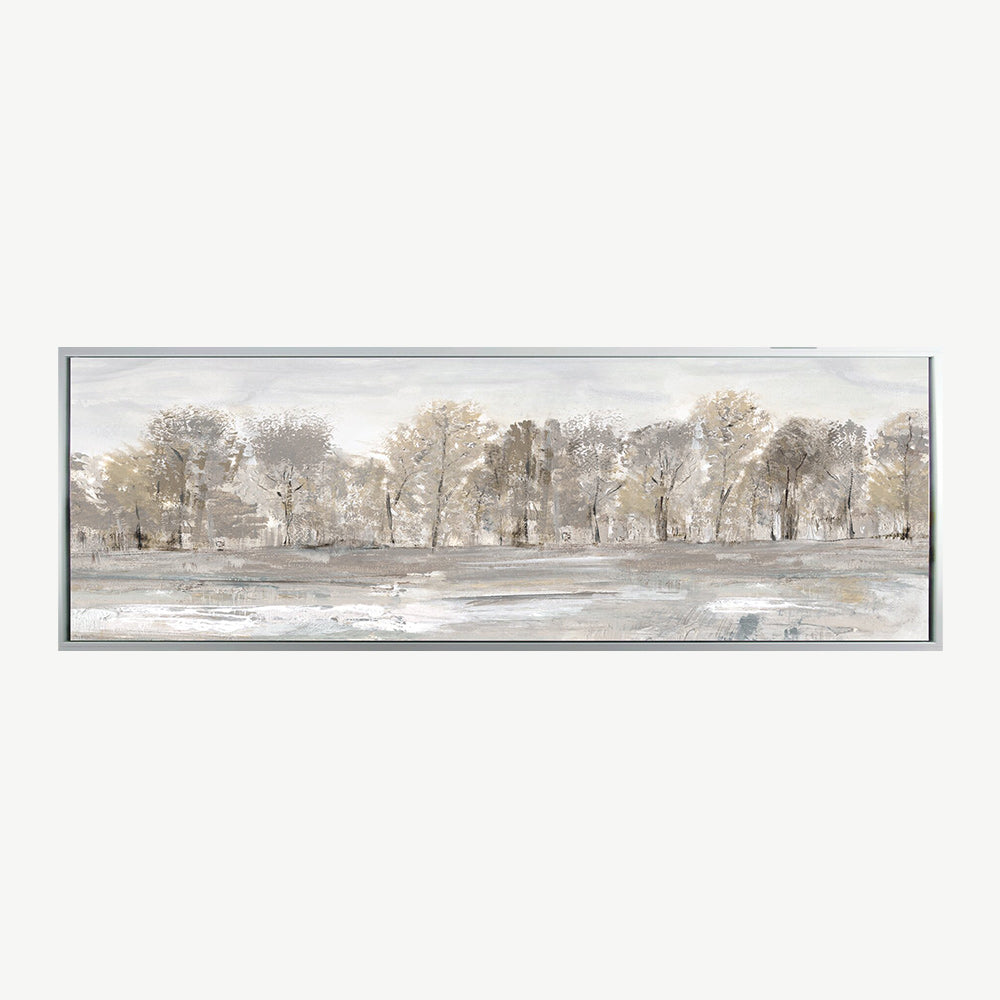 Nature scene wall art, featuring a peaceful pond encircled by lush flowers and trees, all portrayed in soft green and neutral hues