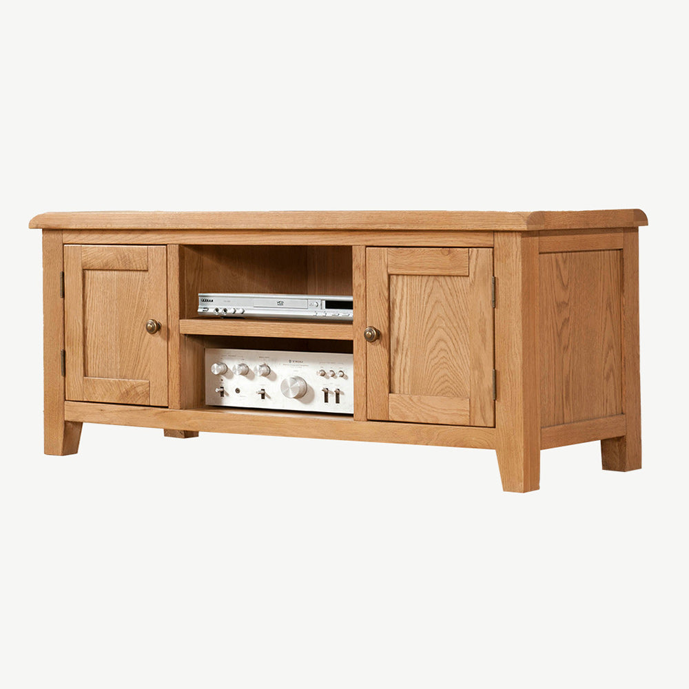 Solid wood TV unit with two shelves and side cupboards in natural oak finish