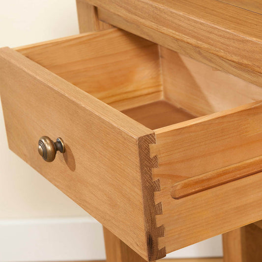 Solid wood small console table with one drawer in natural oak finish