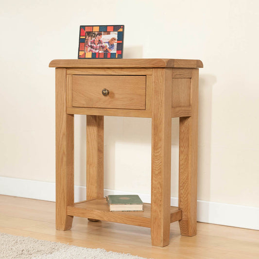 Solid wood small console table with one drawer in natural oak finish