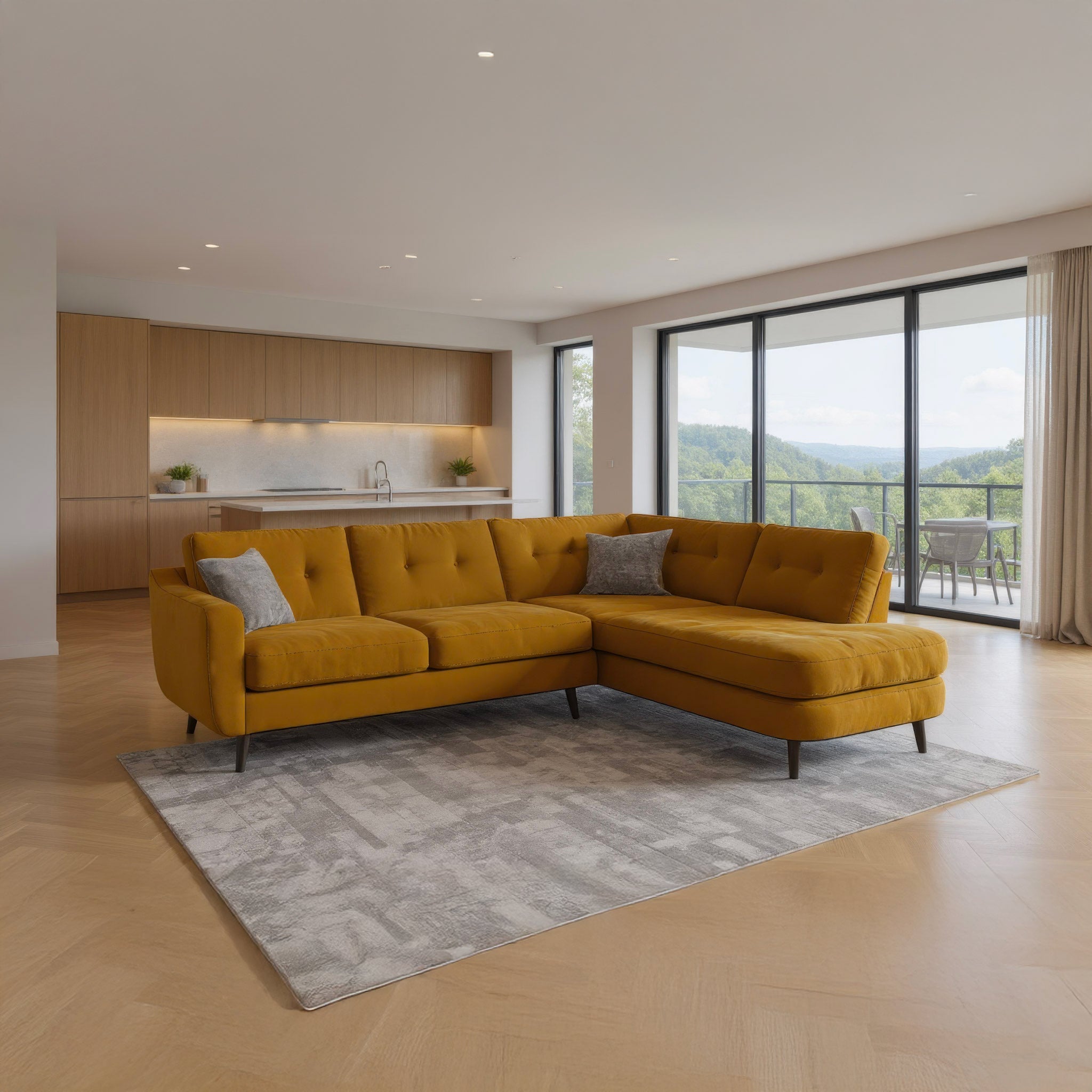 Yellow sectional sofa in a modern living room with large windows and kitchen.