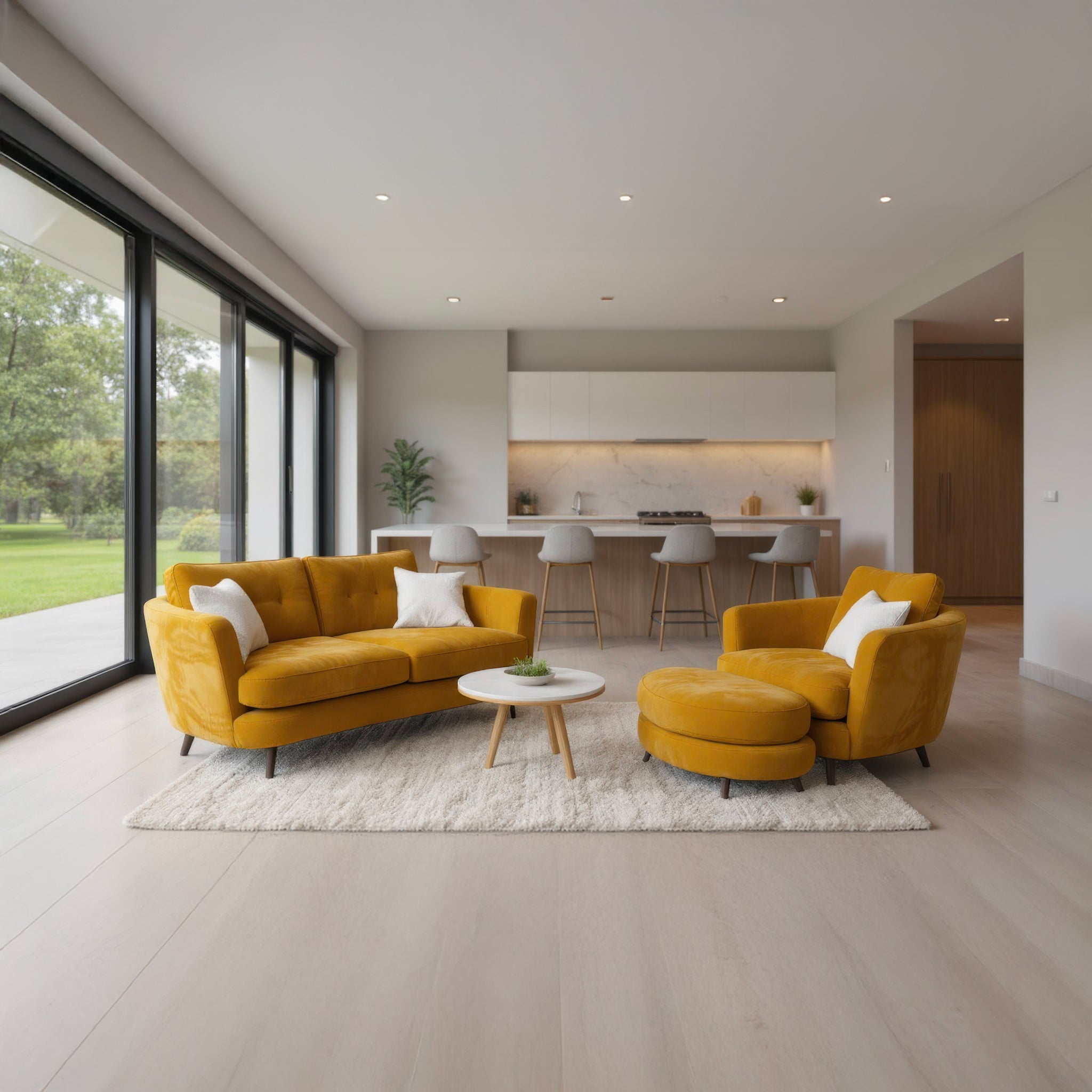 Modern living room with yellow sofa and chairs in a well-lit room.