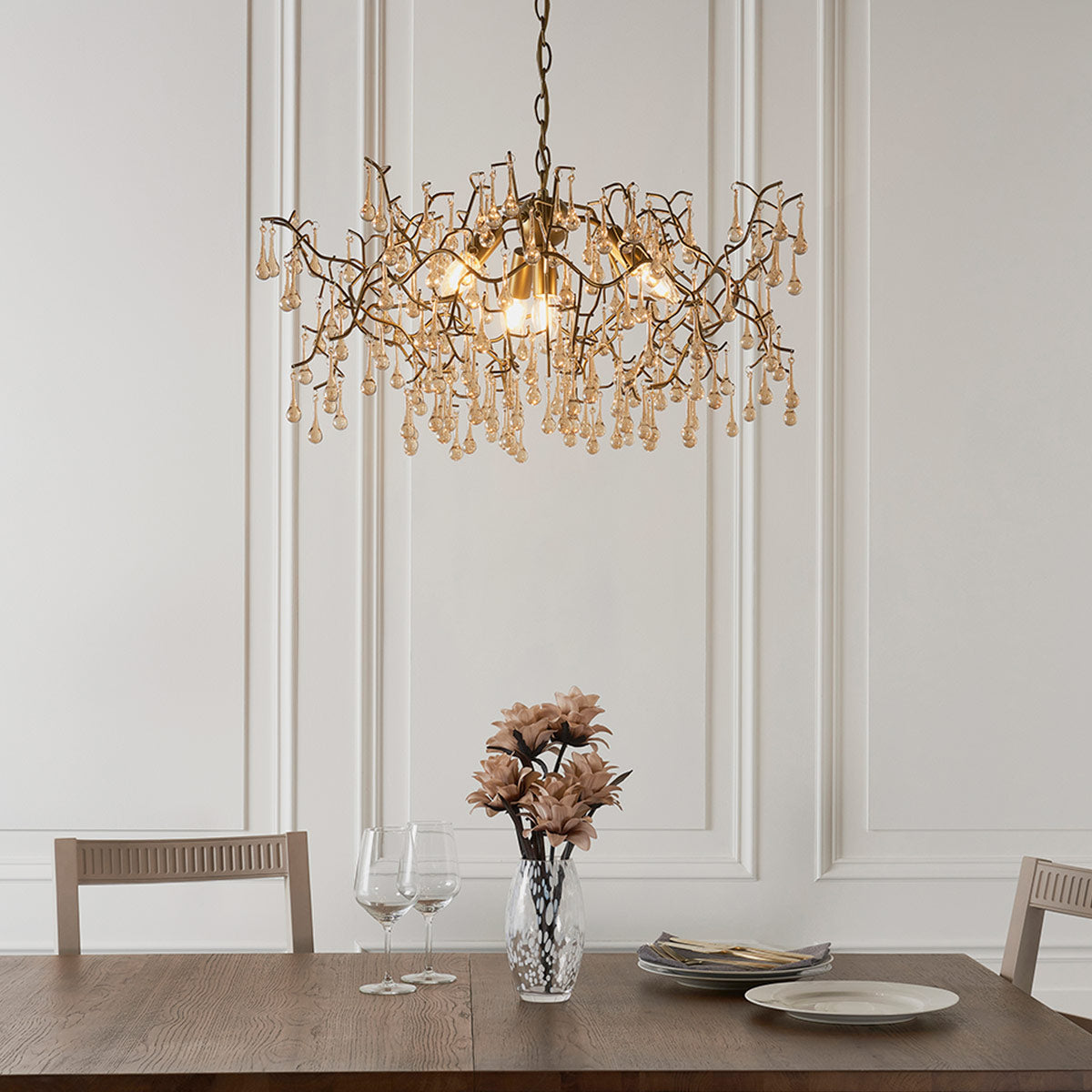 Modern champagne lustre glass teardrop chandelier with black cable