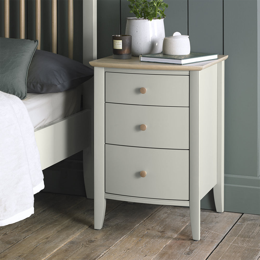 Pale oak 3 drawer nightstand in light grey finish with natural oak top and turned handles