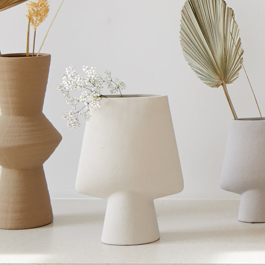 Large Ceramic Deco Footed Vase in Cream