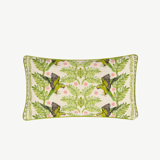 Luxurious green and cream scatter cushion featuring parrot design