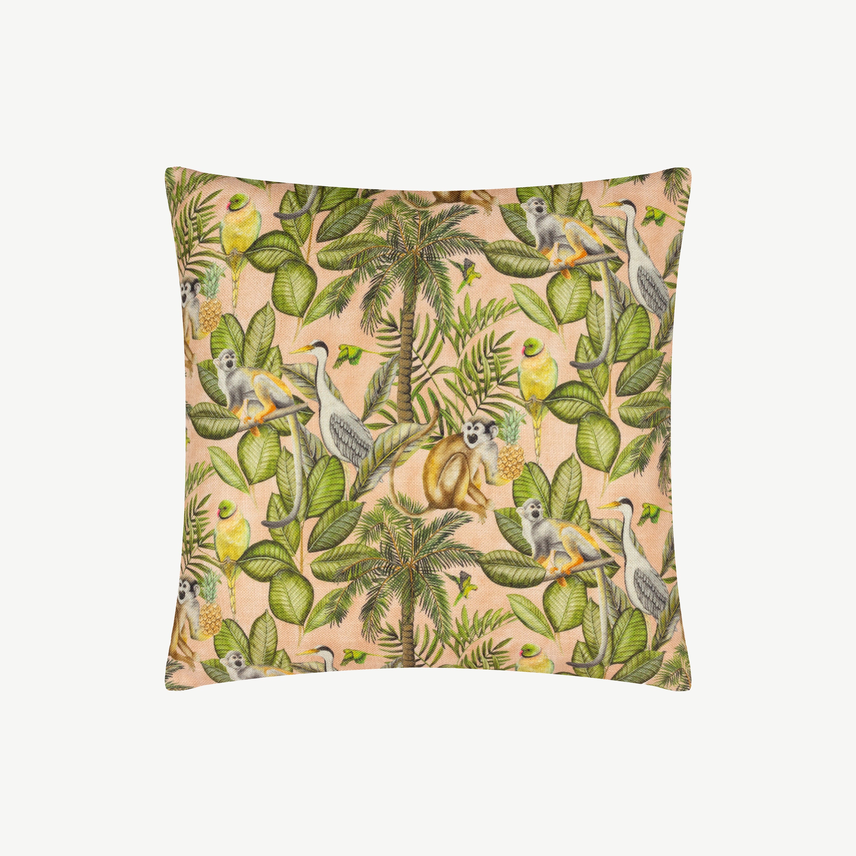Square fabric scatter cushion with jungle design against soft pink background with neutral off white reverse side