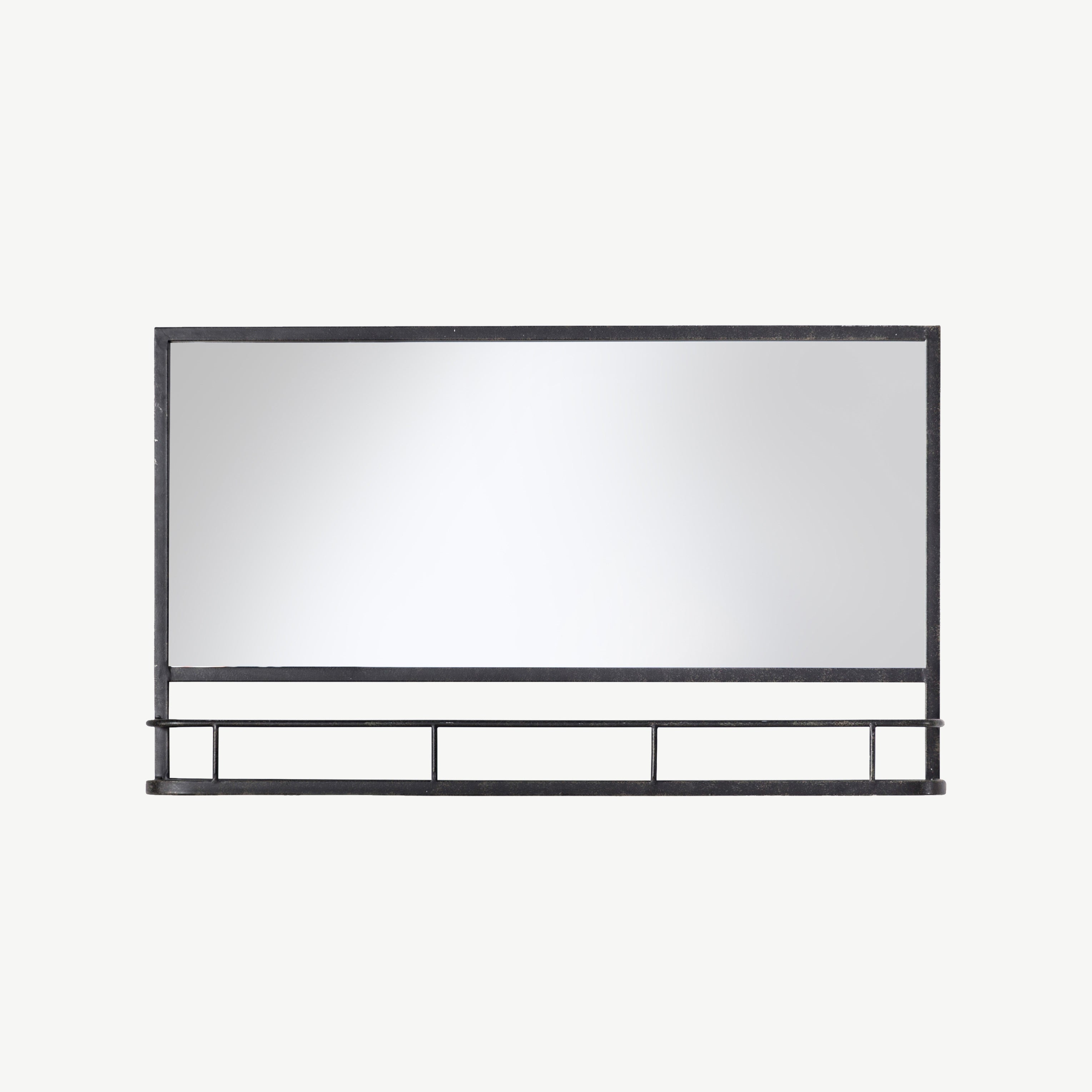 Overmantel mirror in contemporary black frame including bottom storage shelf