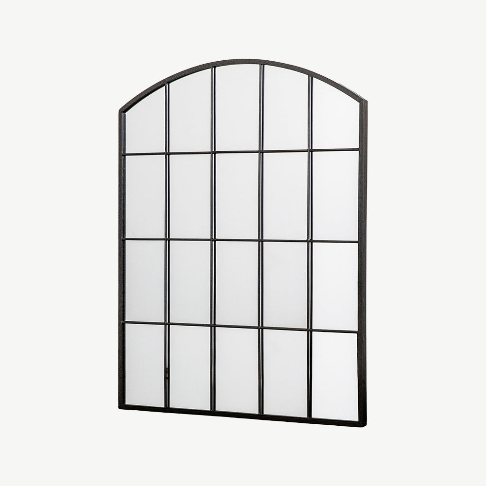 Elegant curved window mirror with arched design and sleek black frame