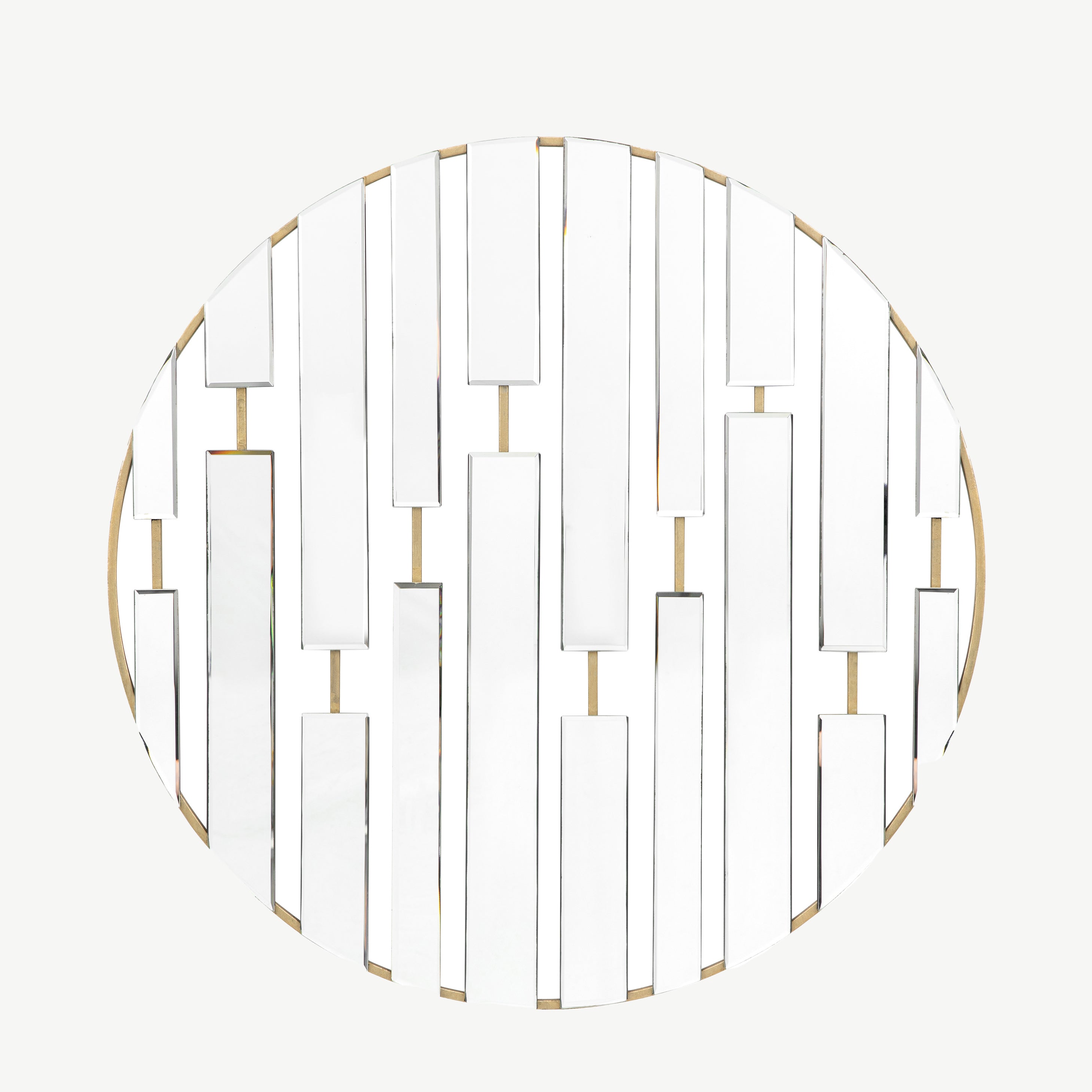 Round mirror in champagne finish frame with abstract glass panelling