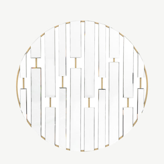 Round mirror in champagne finish frame with abstract glass panelling
