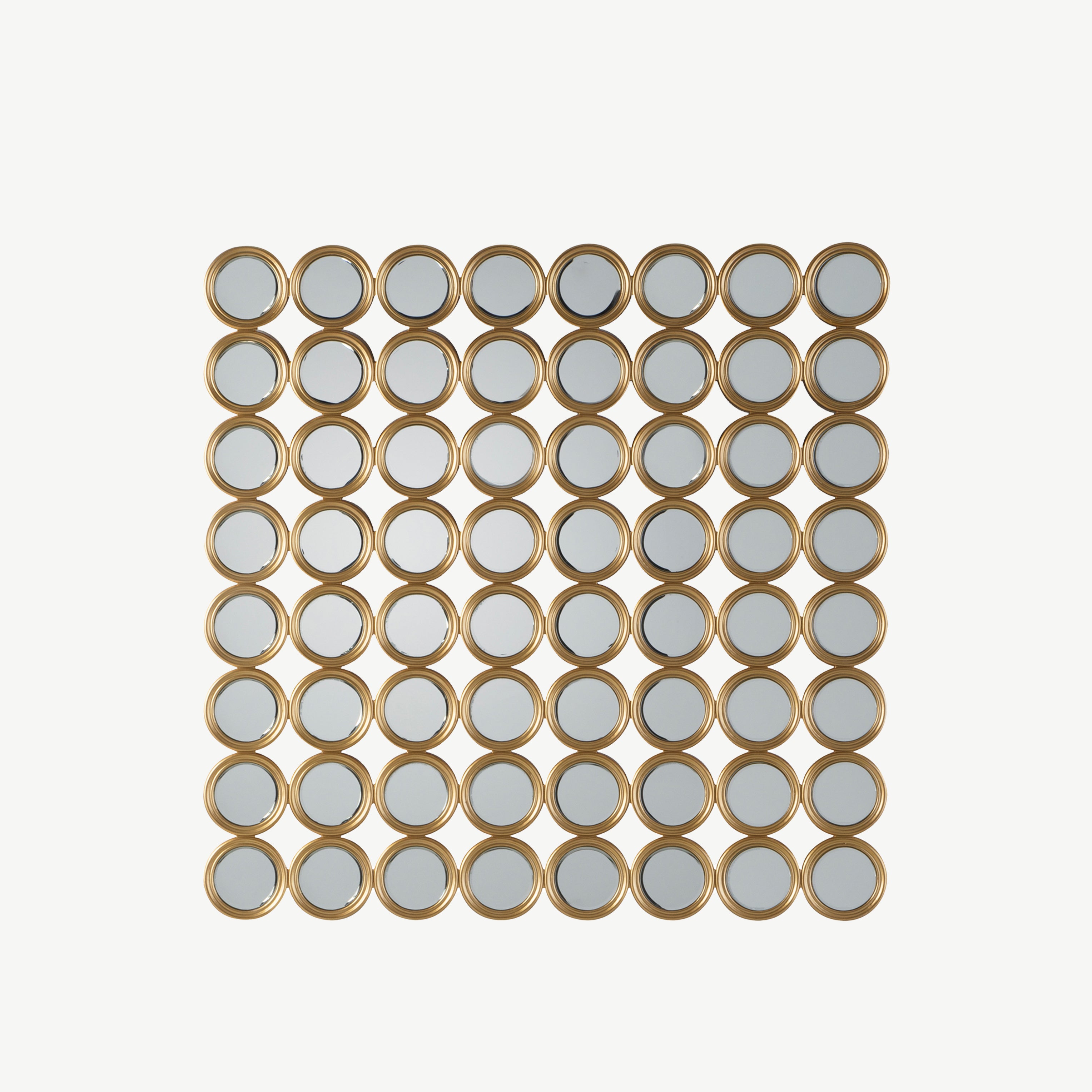 Gold square circles mirror with 64 small circular mirror segments mounted in gold finish frame