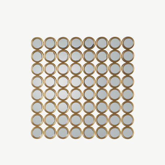 Gold square circles mirror with 64 small circular mirror segments mounted in gold finish frame