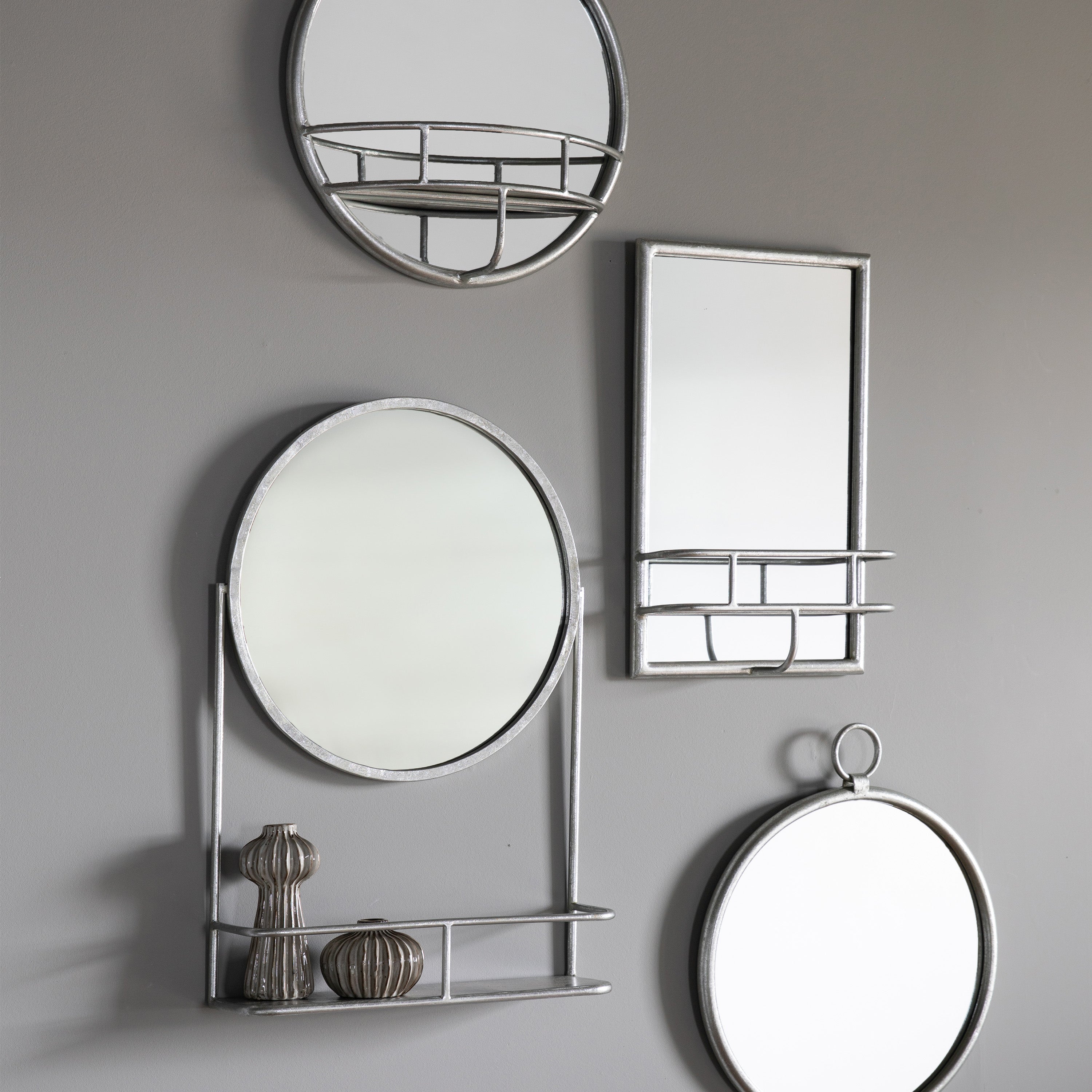 Industrial Style Mirror with Shelf in Silver