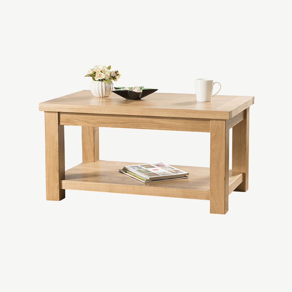 Oak coffee table with shelf in natural finish