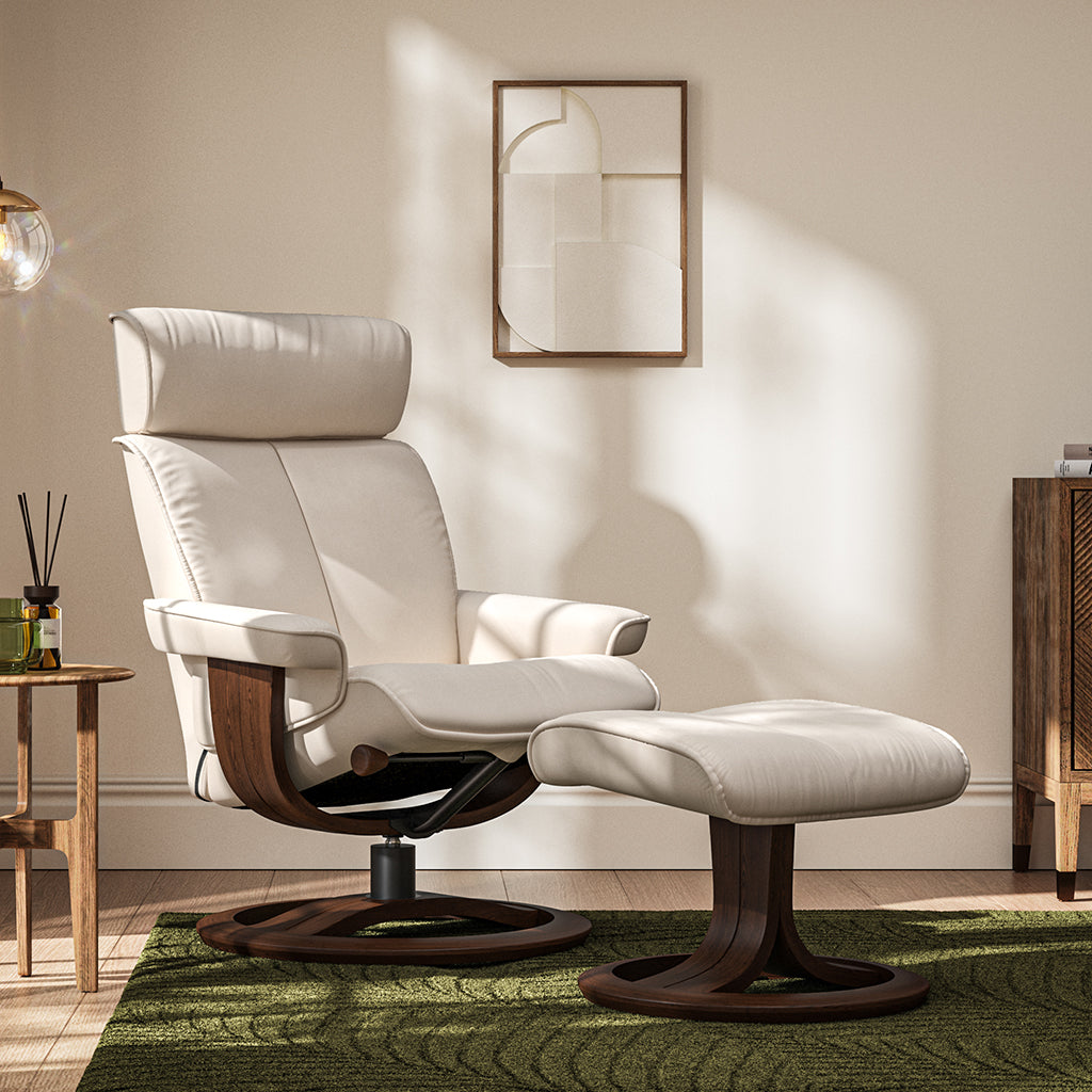 Pheobe Reclining Chair and Footstool in Grace Sandstone