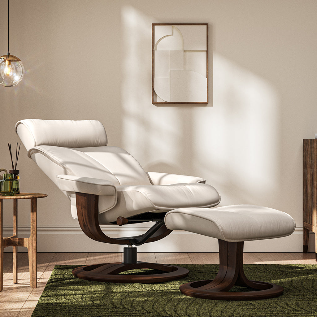 Pheobe Reclining Chair and Footstool in Grace Sandstone