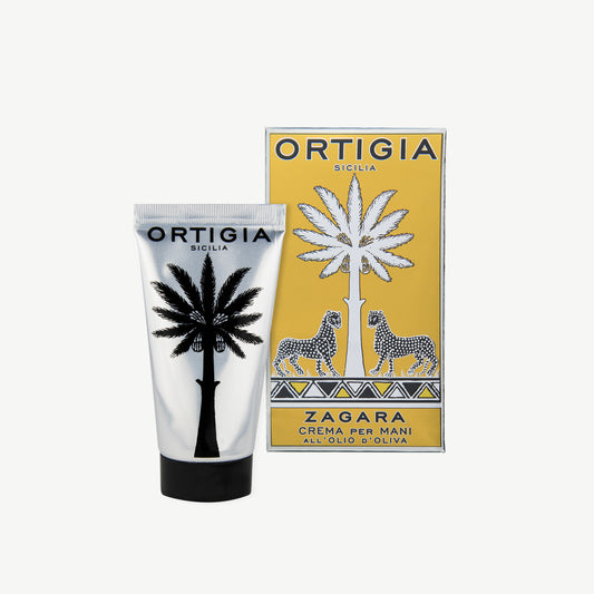 Ortigia Zagara Hand Cream in black and silver brand dispenser