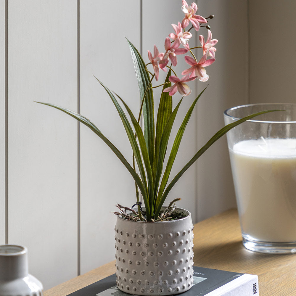 Artificial Pink Orchid in White Ceramic Dot Pot
