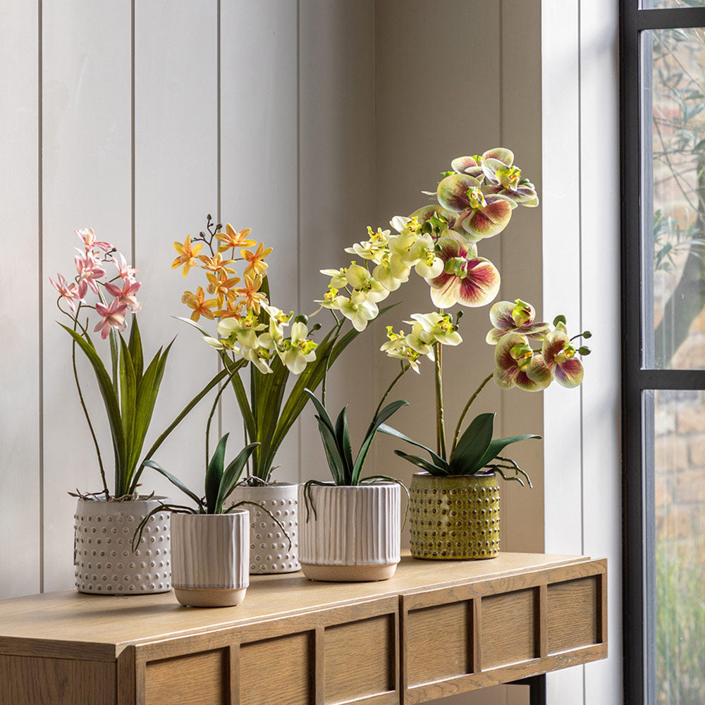 Artificial Pink Orchid in White Ceramic Dot Pot