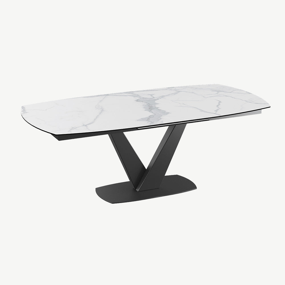 White matt marble ceramic extending dining table with black lacquered steel base