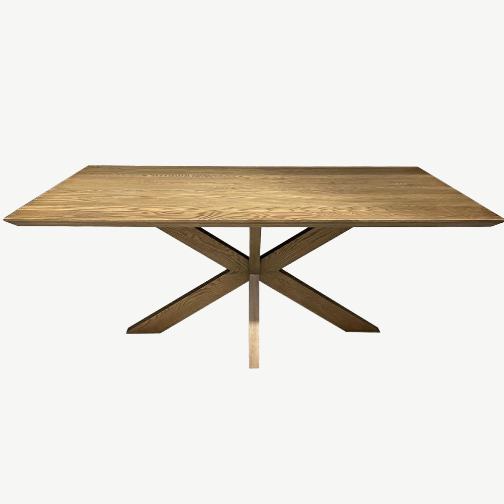 Solid oak dining table with smoke grey lacquered finish and star shaped base