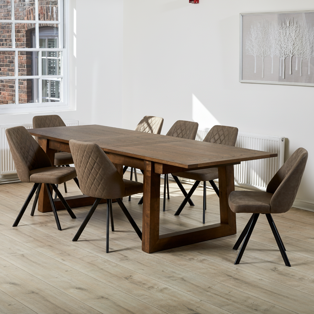 Freja Extending Dining Table with Seating Bundle in 8 Kalvis Swivel Chairs