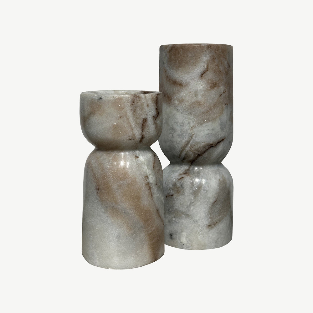 Set of 2 Sculpted Marble Candlestick in Sandstone