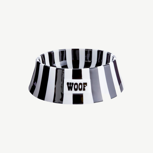 Black and white striped porcelain dog bowl