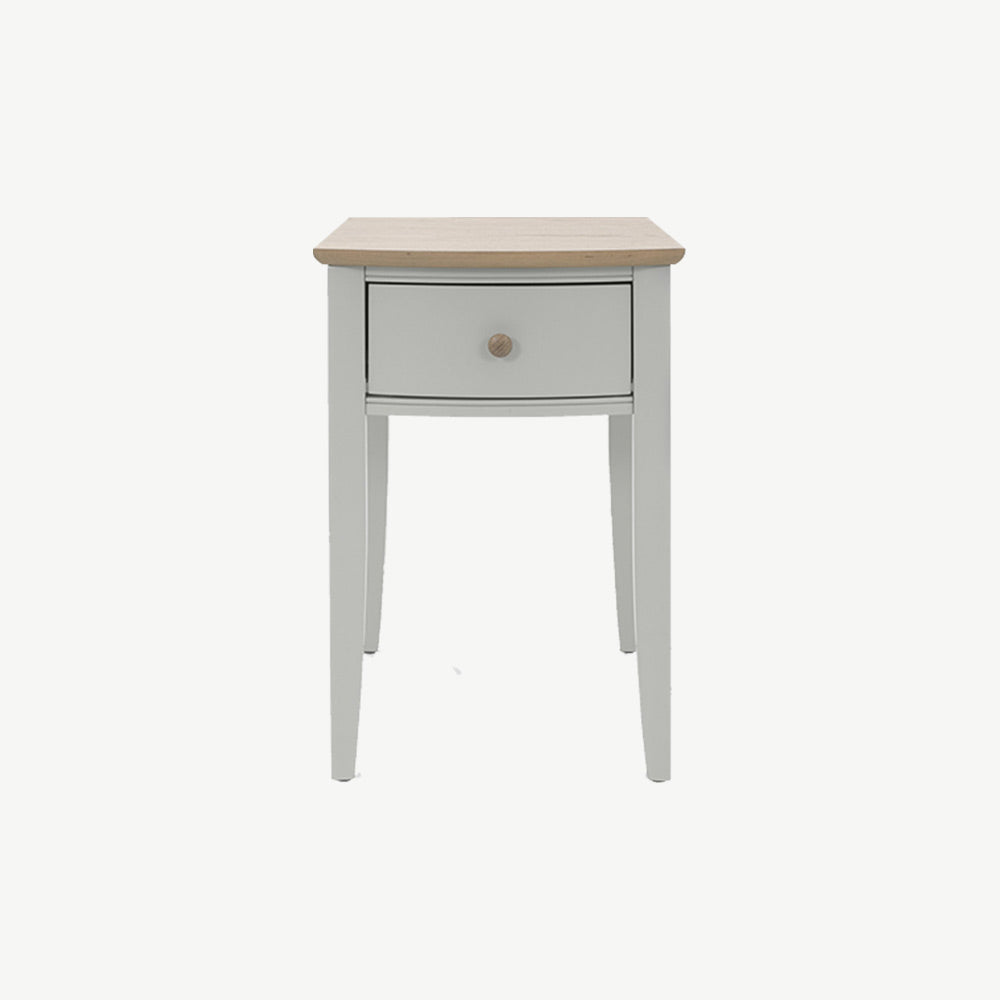 Pale oak 1 drawer nightstand in light grey finish with natural oak top and turned handle