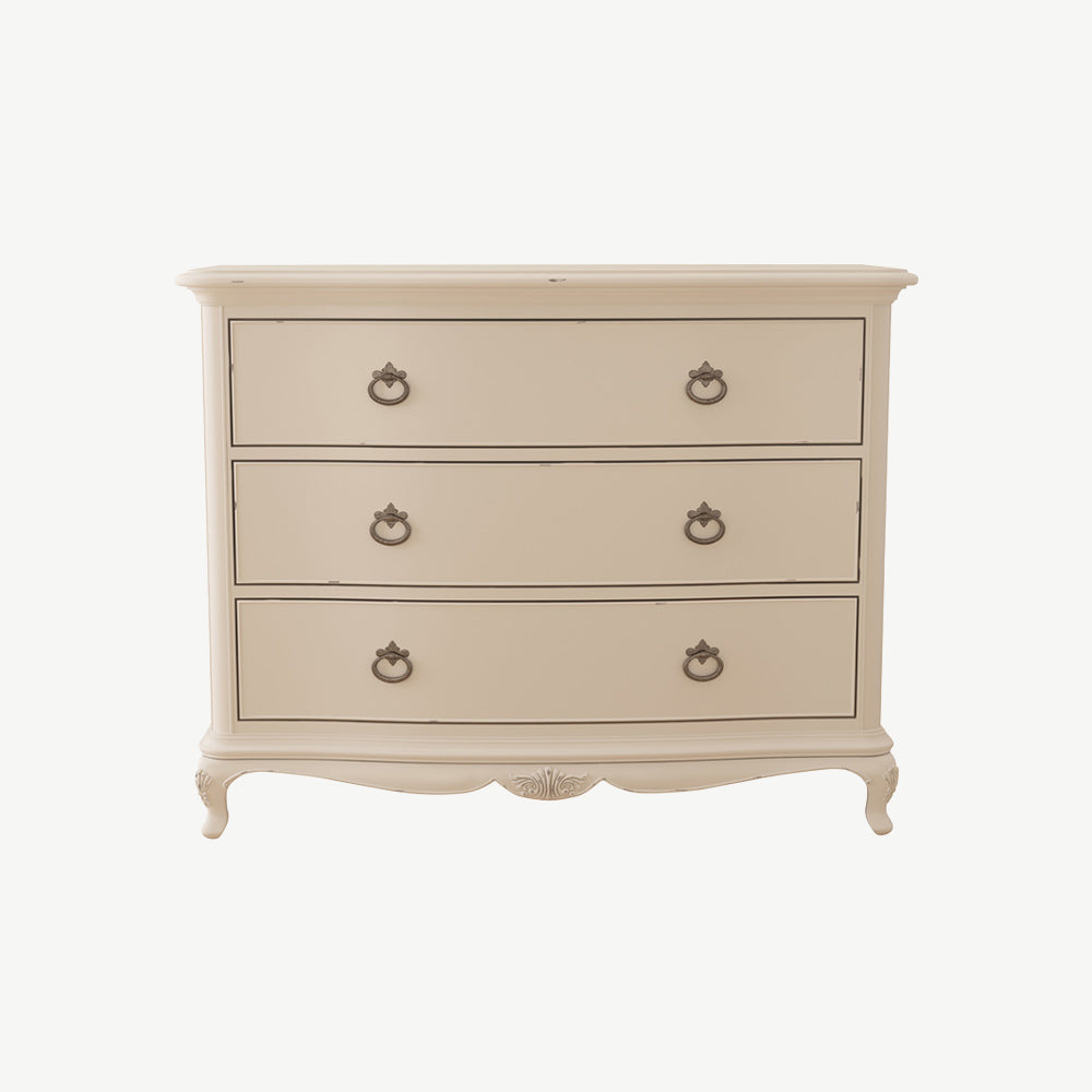 French inspired wooden 3 drawer chest in cream finish with six antique bronze handles
