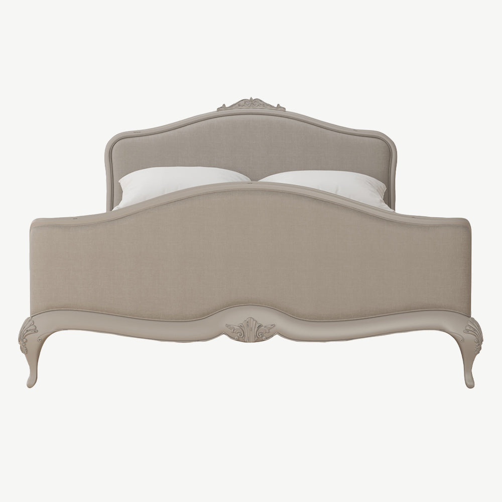Soft grey oak veneer bedframe with matching upholstered head and footboard in neutral fabric
