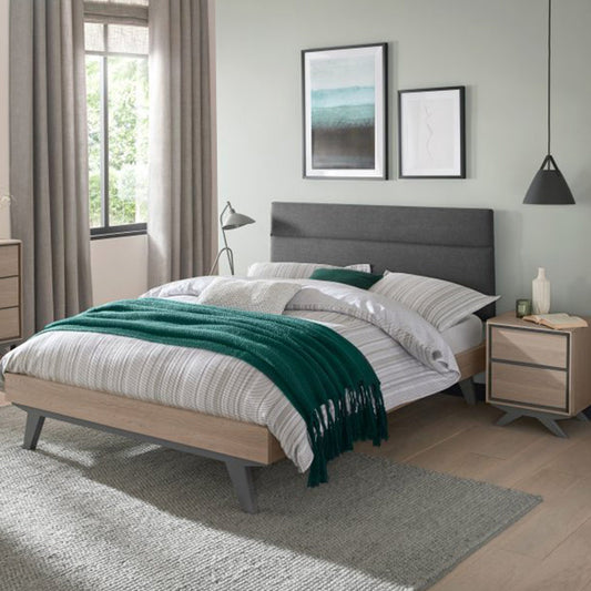 Nordby Scandi Oak & Dark Grey Upholstered Bedstead
