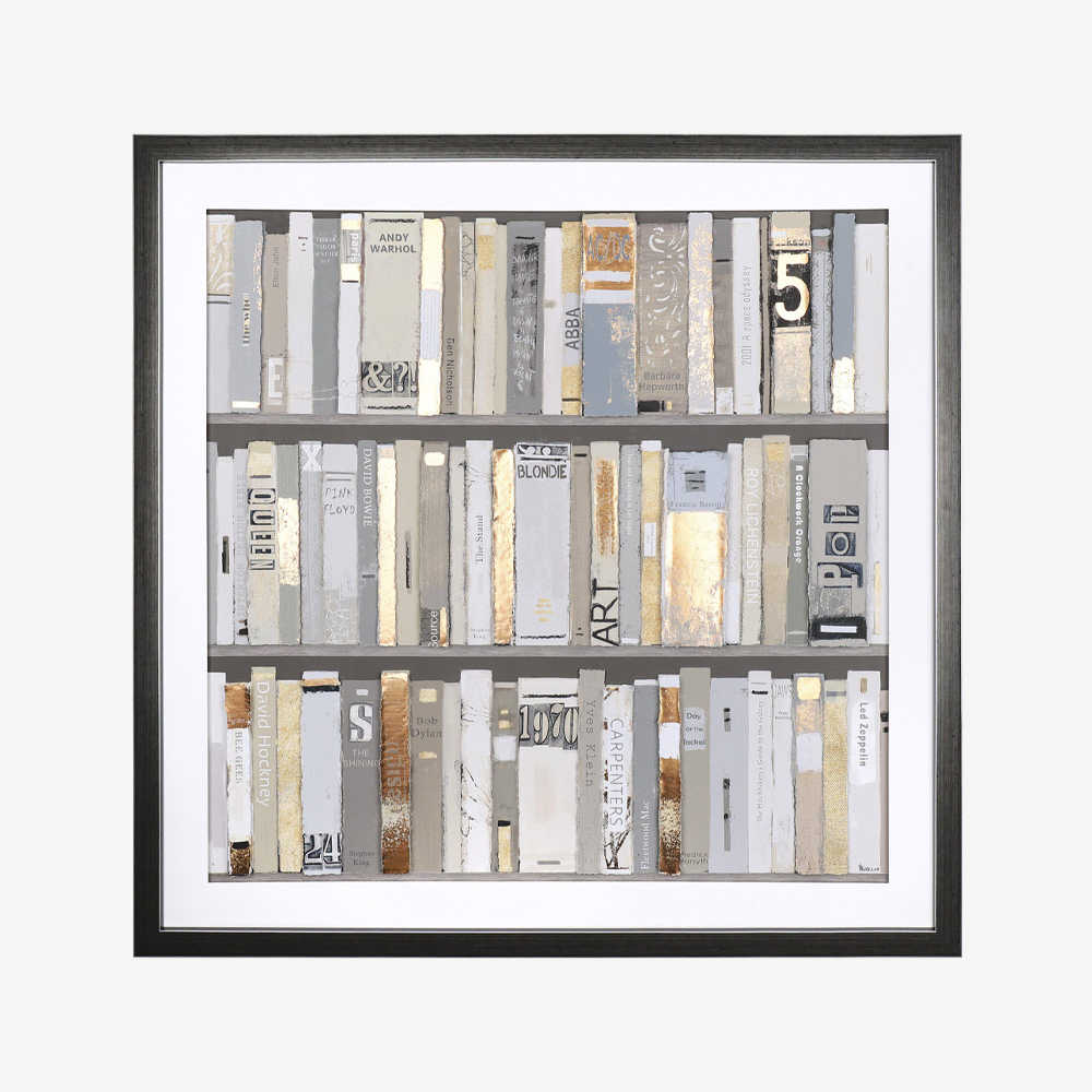 Artwork featuring three shelves of books mounted on black frame