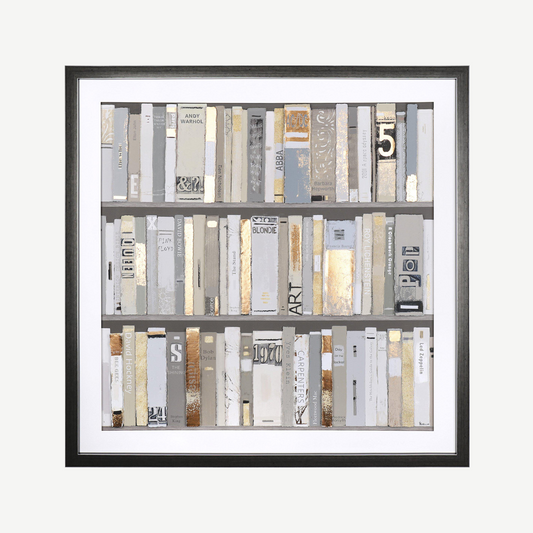 Artwork featuring three shelves of books mounted on black frame