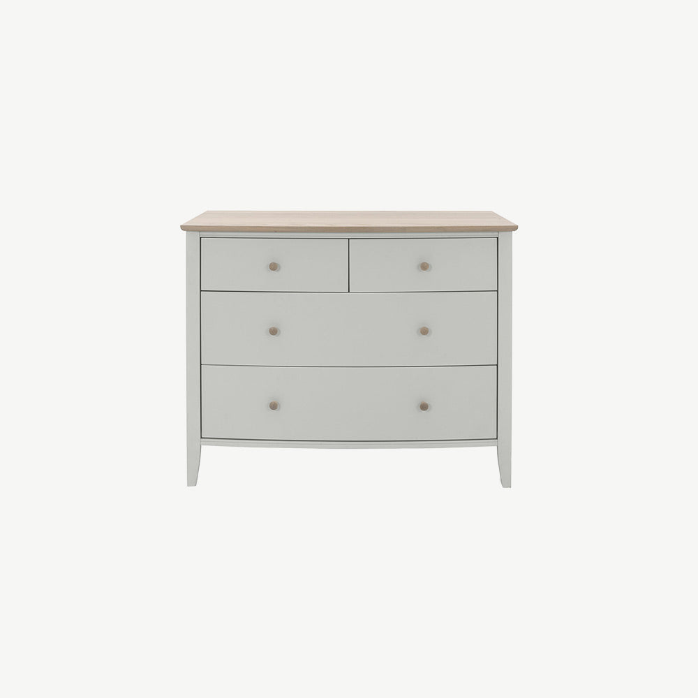 Pale oak 2 and 2 drawer chest in light grey finish with natural oak top and turned handles