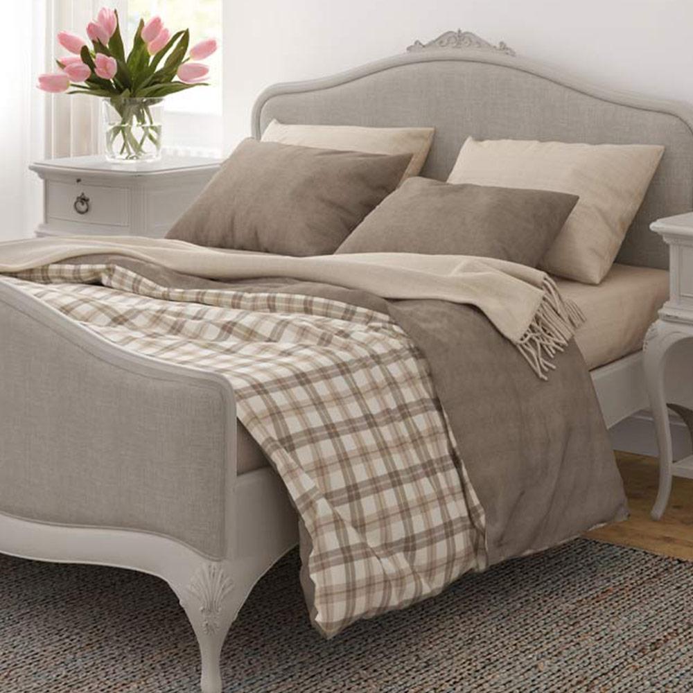 Soft grey oak veneer bedframe with matching upholstered head and footboard in neutral fabric