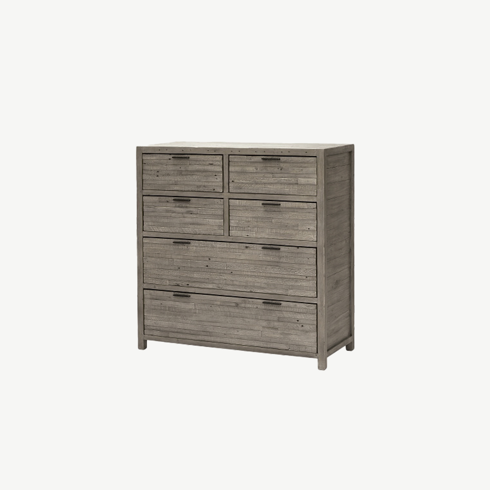 Reclaimed timber 4 and 2 drawer chest in light grey teak finish