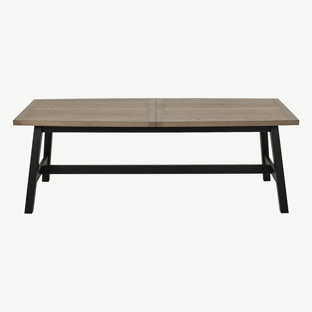 Oak veneer extending dining table with black peppercorn solid ash legs