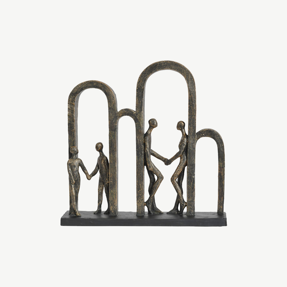 Antique bronze family arches sculpture with black base