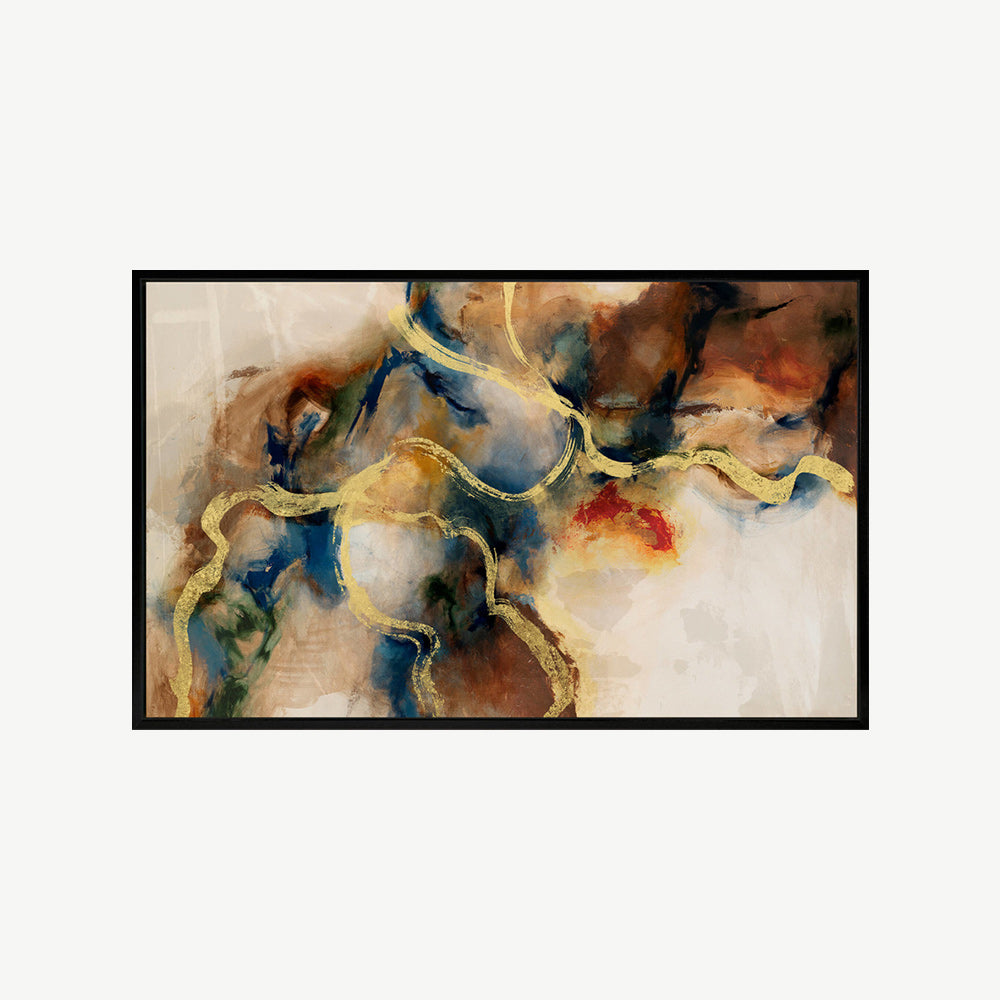 Soft abstract image featuring hues of gold, indigo and brown, embellished with gold-leaf metal placed in a black box frame