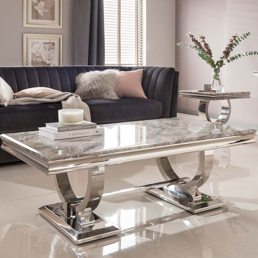 Contemporary polished steel coffee table with marble top