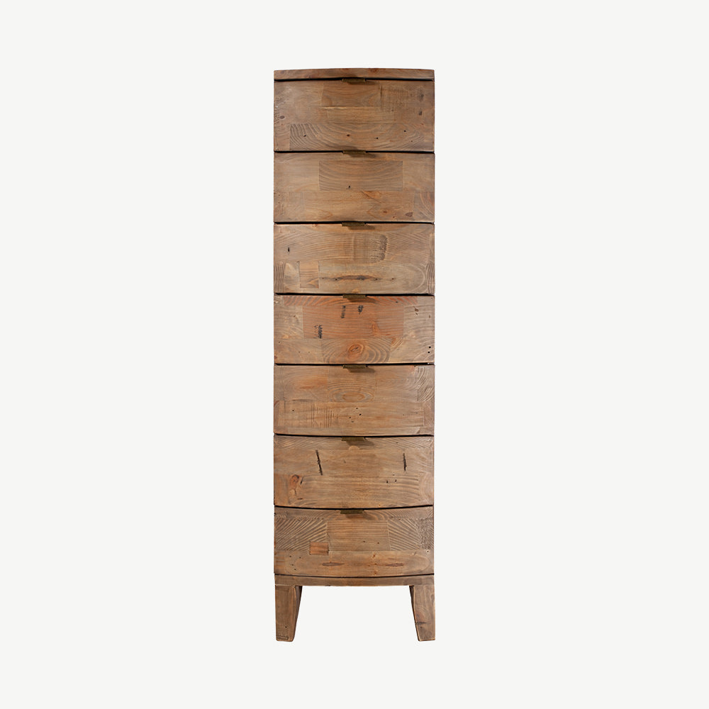 Reclaimed timber wood 7 drawer tall chest in sundried finish with seven curved drawers
